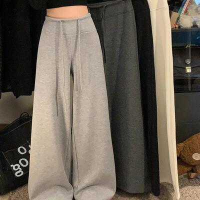 PPHOME加绒加厚灰色垂感休闲裤女秋季宽松阔腿裤百搭显瘦拖地长裤