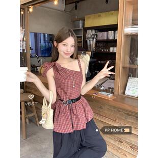PPHOME蝴蝶结收腰斜肩红色格子衬衫女夏季chic设计感气质花苞上衣