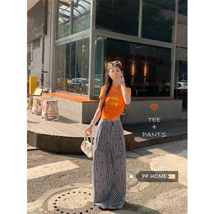 PPHOME橘黄色字母印花正肩短袖T恤女夏季格子阔腿休闲裤两件套装