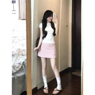 韩系减龄波点格纹满印粉色半身裙女2026夏季高腰显瘦A字短裙ins潮
