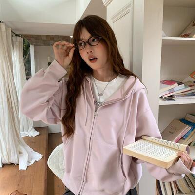 PPHOME自制~慵懒好版型 粉色连帽卫衣外套女秋季拉炼宽松长袖上衣