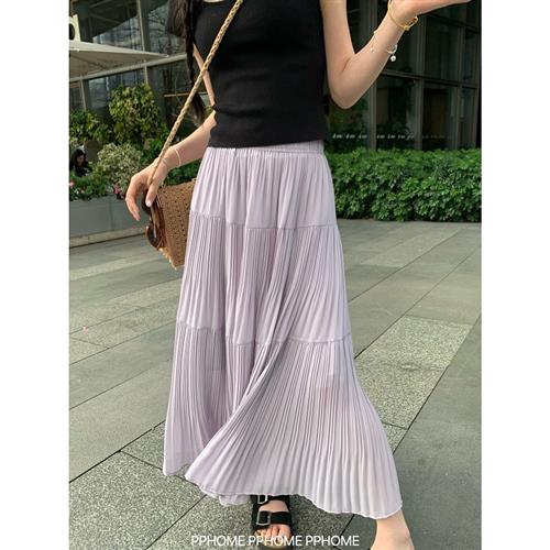 PPHOME自制~飘逸仙女裙 雨雾紫藤压褶半身裙春夏宽松大裙摆长裙女