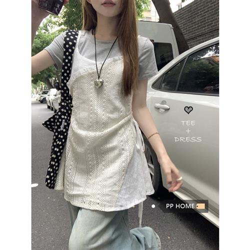 PPHOME元氧女孩~ins韩系叠穿蕾丝吊带圆领短袖T恤上衣度假风套装