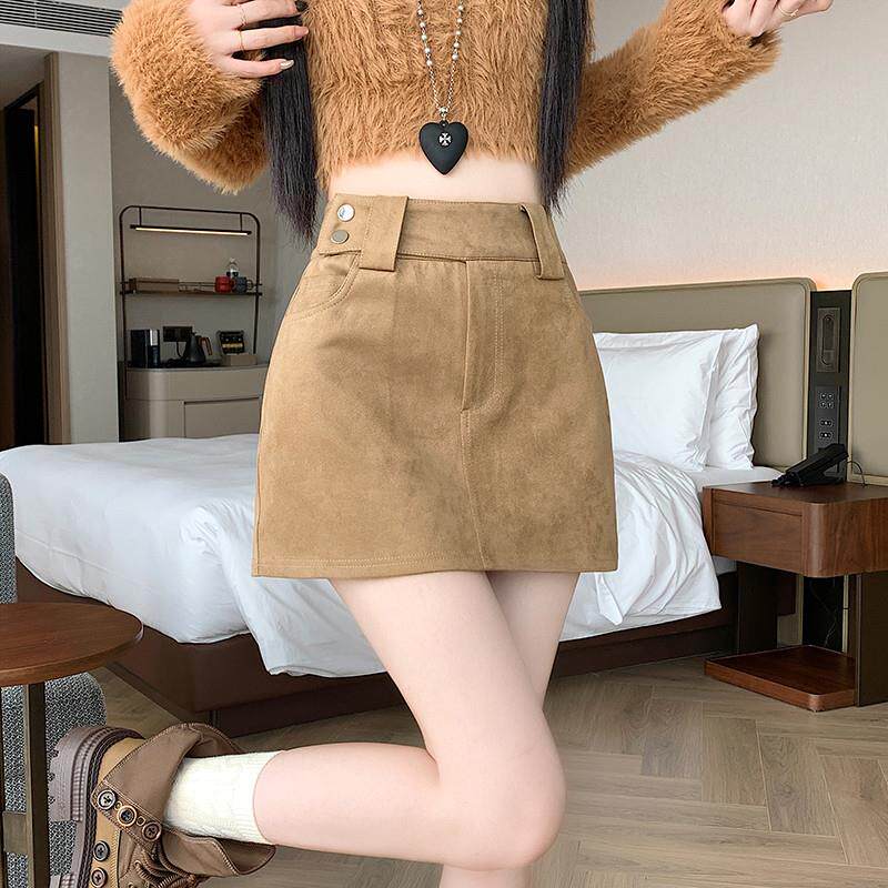 鹿皮绒短裙女秋季半身裙2025年新款高腰显瘦美拉德穿搭a字包臀裙