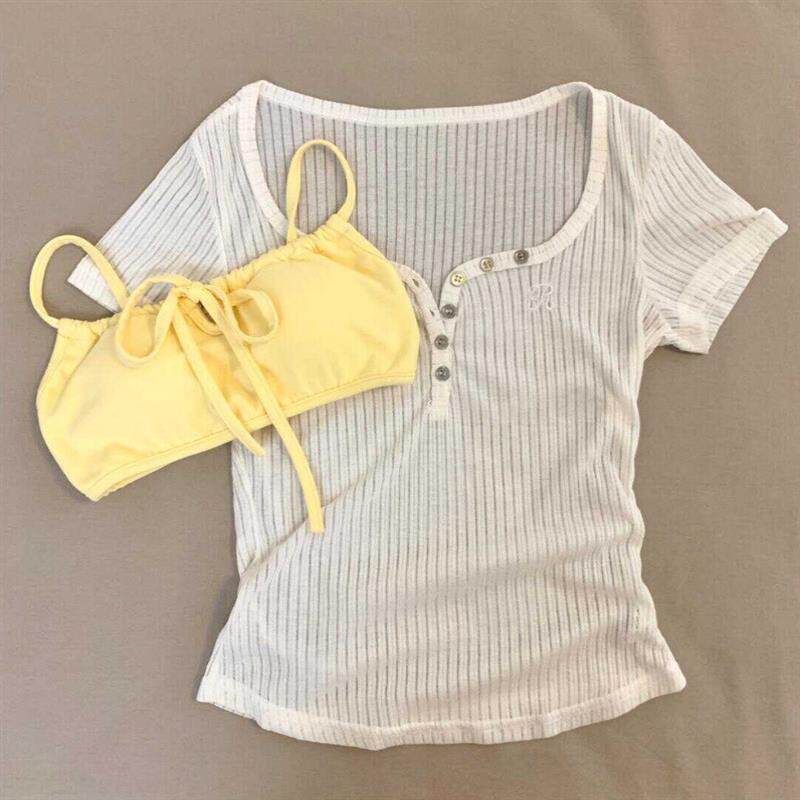 纯欲风辣妹白色V领短袖T恤女夏季设计感短款修身显瘦微透罩衫上衣