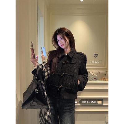 PPHOME牛角扣翻领圈圈毛呢外套女秋冬小香风夹棉短款黑色宽松上衣