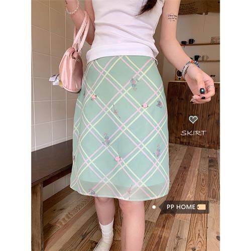 PPHOME薄荷绿立体花朵格子半身裙女夏季甜美高腰a字短裙温柔裙子