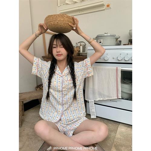 PPHOME自制~蓝条小熊 软棉纱睡衣女卡通短袖短裤两件套家居服套装