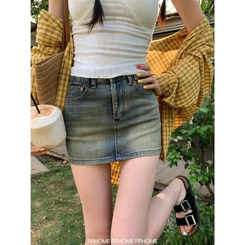 PPHOME自制~辣妹复古牛仔短裙女高腰显瘦a字包臀半身裙
