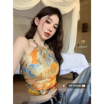 PPHOME甜奢名媛~法式复古油画挂脖吊带夏季绝美背心气质辣妹上衣
