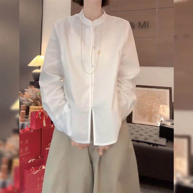 法式白色立领纯棉衬衫长袖女2026春季大码胖mm简约高级感百搭上衣
