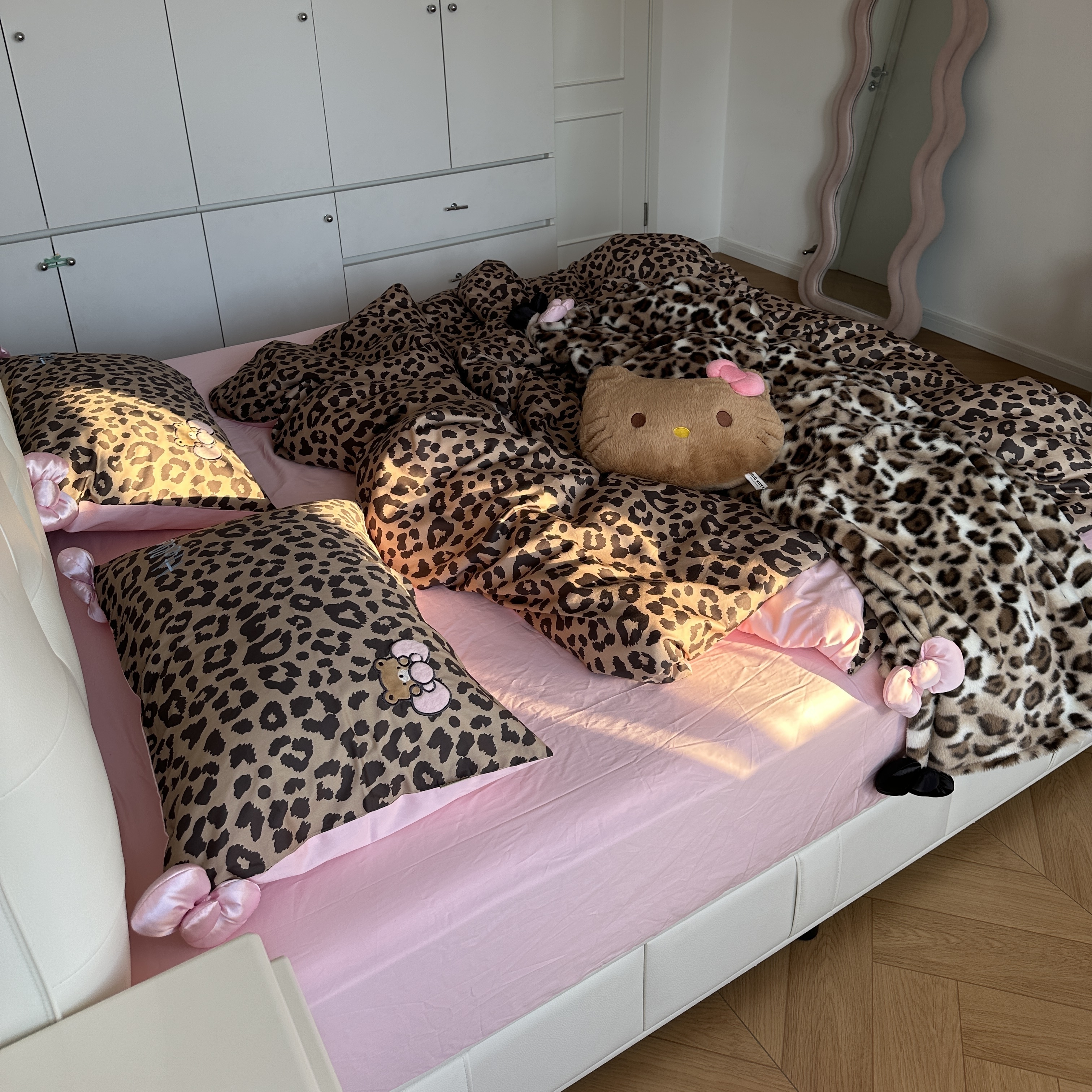 豹纹甜辣风100s百分百纯棉蝴蝶结四件套少女心学生宿舍卡通三件套