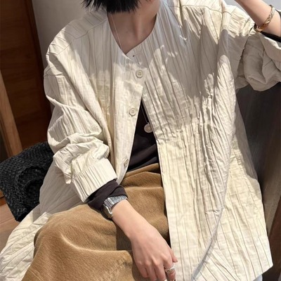 SHINE 秋季新品 复古圆领竖条压纹 简约廓形大口袋 三色棉服外套