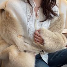 SHINE 韩国博主fever私服款 复古花边领 镂空两色针织开衫毛衣