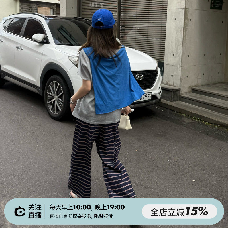 SHINE 遛弯儿裤 低能量穿搭 撞色条纹 松紧腰抽绳 直筒遛弯休闲裤