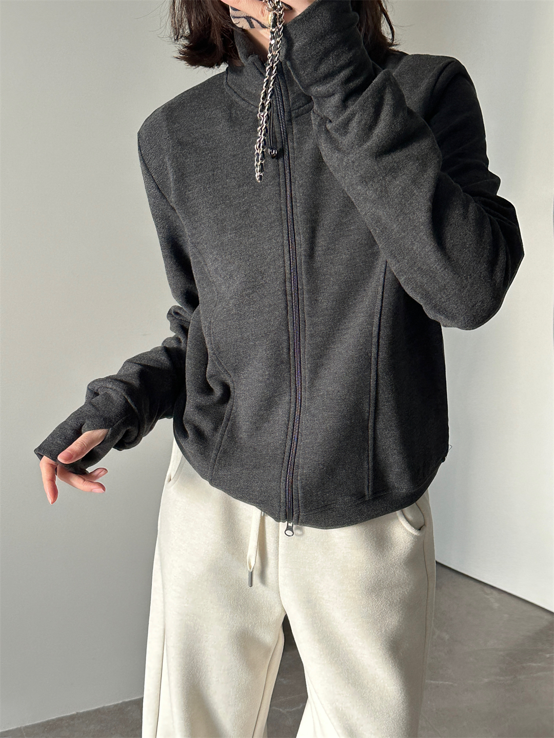 SHINE 冬季新品 简约休闲 双拉链 发热保暖 德绒天丝三色开衫外套