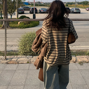 拼色条纹两色磨毛羊毛长袖 SHINE 复古日系 燕麦热可可 T恤 冬日