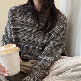 SHINE48小时退换不可机洗 山羊绒 撞色条纹提花 绵羊毛 两色毛衣