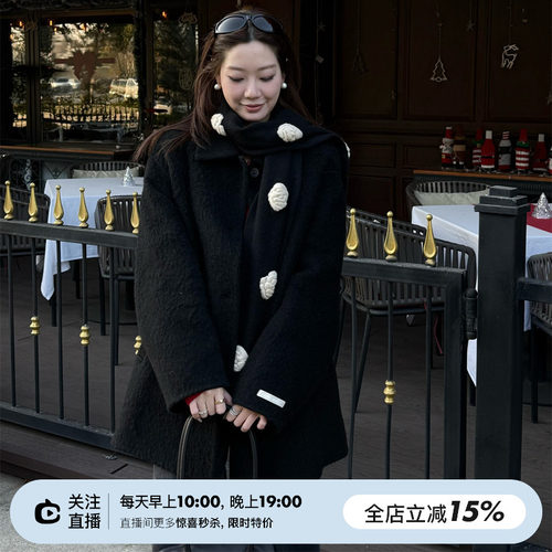 苏丽羊驼毛三色翻领大衣外套