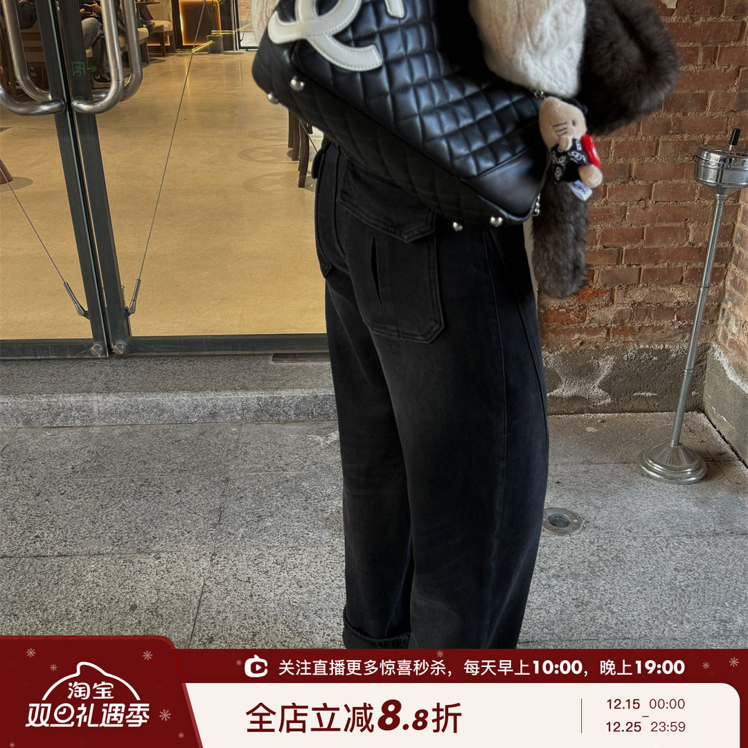 高腰直筒两色加绒弯刀牛仔裤