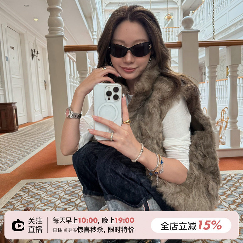 SHINE 自留 鼎奢软黄金 限定珍稀小湖羊 两面穿皮毛一体鹅绒马甲