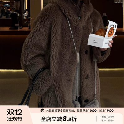 立领保暖两色中长款羊羔毛外套