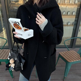 苏丽羊驼毛 天然牛角扣 两色羊毛大衣外套 日系复古 SHINE