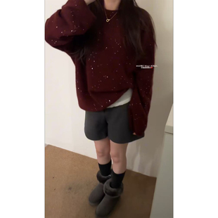 SHINE 48小时退换 简约纯色 细闪珠片设计 圆领套头两色兔毛毛衣