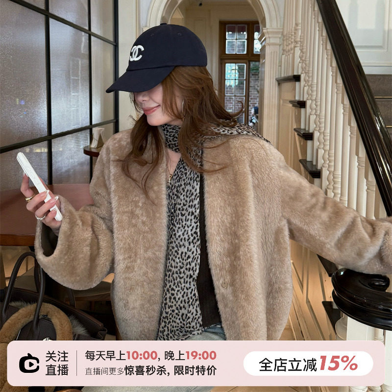 SHINE 西班牙jin口真皮拉贡 V领一粒扣 皮毛一体两色皮草外套