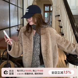SHINE 西班牙jin口真皮拉贡 V领一粒扣 皮毛一体两色皮草外套