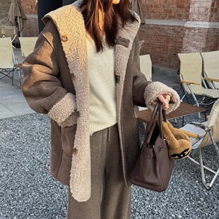 SHINE 冬季新品 时髦两面穿 100羊毛 皮毛一体两色保暖连帽外套