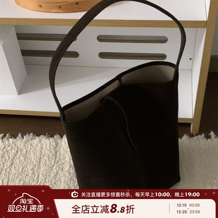 SHINE 高端The*Row复古绒面 真皮牛皮 大容量托特包 腋下水桶包