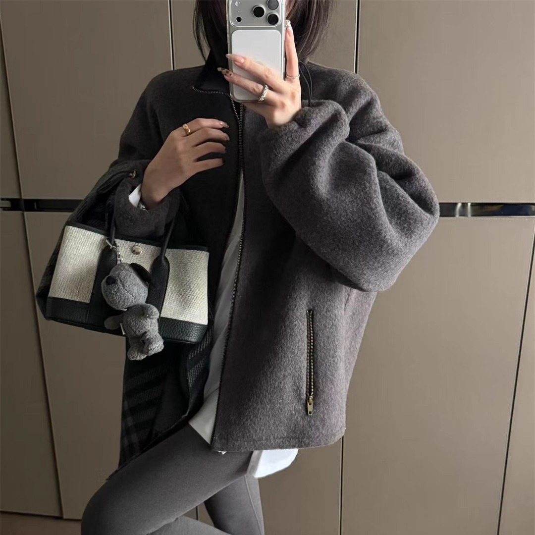 立领拉链两色绵羊毛大衣外套