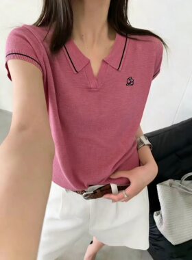 2026夏季新款 撞色Polo领针织短袖女 修身显瘦气质通勤冰丝上衣