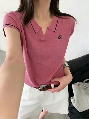 2026夏季新款 撞色Polo领针织短袖女 修身显瘦气质通勤冰丝上衣