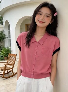 韩系温柔风Polo领针织衫女夏撞色短袖显瘦百搭气质通勤开衫上衣