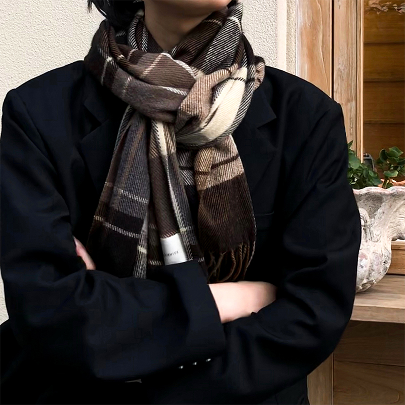 ins格子流苏围巾0新款百搭复古