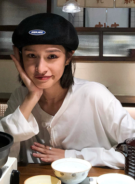 一眼入迷~黑色贝雷帽子女夏季薄款透气潮流ins贴标字母画家帽复古