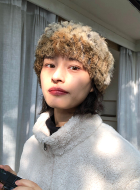 超仙！真兔毛发带仿皮草帽子女秋冬保暖头饰头套发箍帽毛毛绒发带