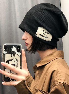 黑色ins堆堆帽子女春秋日系网红针织毛线帽大头围包头帽韩版冷帽