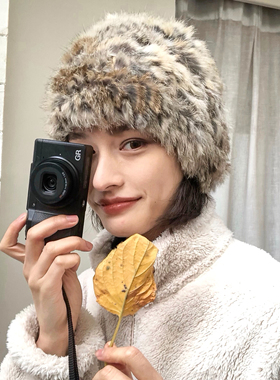 真兔毛！时髦复古豹纹毛绒帽子冬天豹纹毛毛套头画家帽皮草兔毛帽