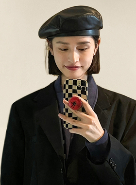 韩版黑色贝雷帽子女春秋季ins潮pu皮质英伦复古网红款画家八角帽
