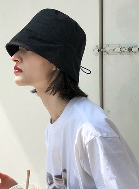 经典黑色抽绳遮阳渔夫帽~素颜春夏季韩版百搭防晒遮脸水桶帽子女
