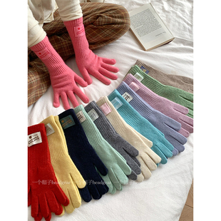 韩单定制~羊毛针织长款手套女冬天防风五指触屏保暖防寒骑行手套