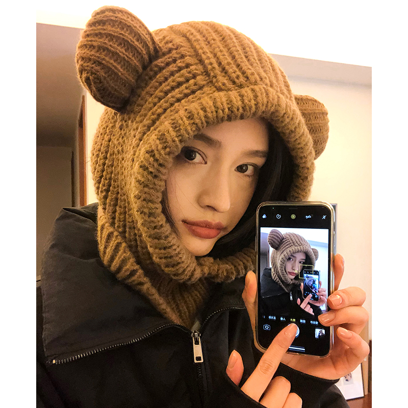 秋冬小熊耳朵毛线帽女百搭雷锋帽
