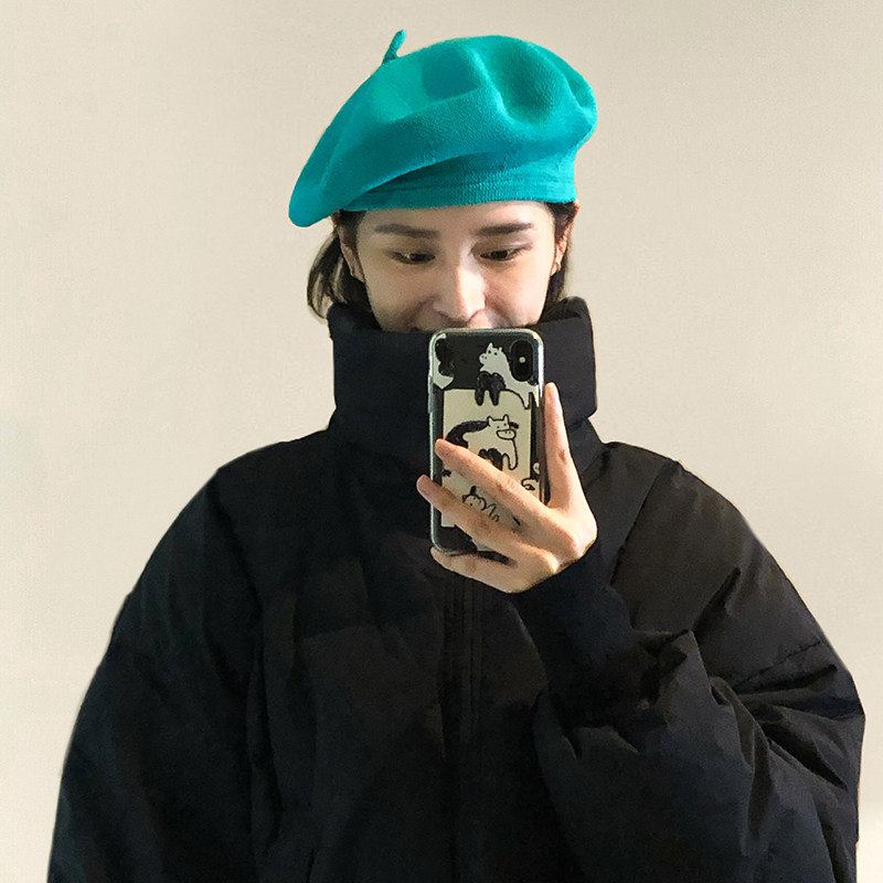 网红蓝色ins薄款透气贝雷帽子图片