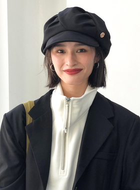 韩版黑色贝雷帽女春秋季复古百搭云朵画家帽大头围显脸小八角帽子