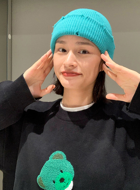 巨显白~湖蓝色毛线帽女韩版ins百搭针织帽子秋冬日系瓜皮冷帽男潮