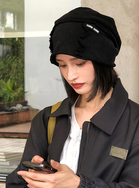 日系黑色复古针织堆堆帽子女秋冬季大头围百搭显脸小包头冷帽男潮