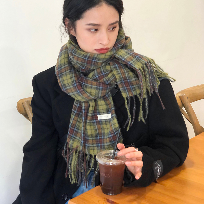 复古绿色格子围巾女秋冬季2023新款加厚两用披肩韩系百搭保暖围脖